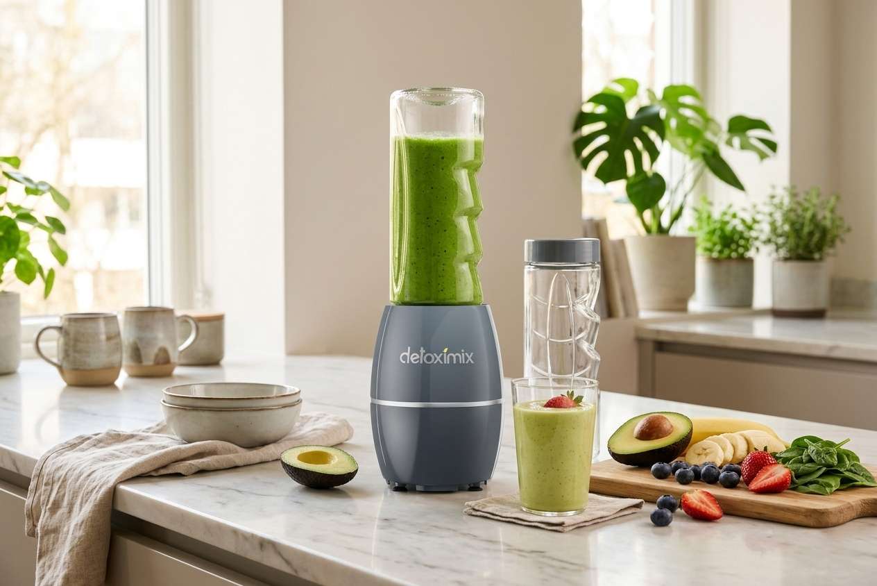 Mini blender detoximix gris sur un plan de travail